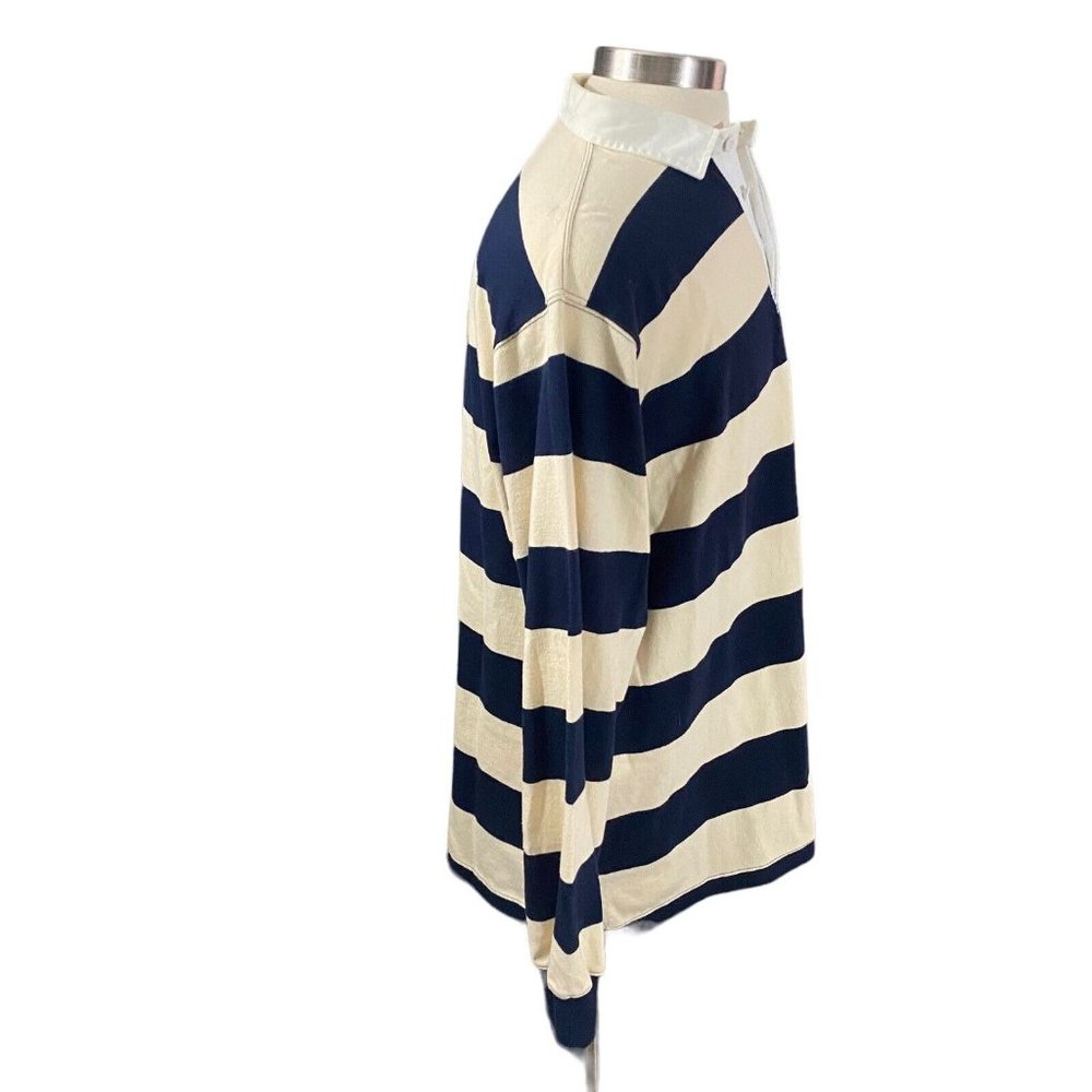 Ralph Lauren Polo Men Cream Navy Striped Red Pony Long Sleeve Rugby Polo Sz L - Picture 6 of 10